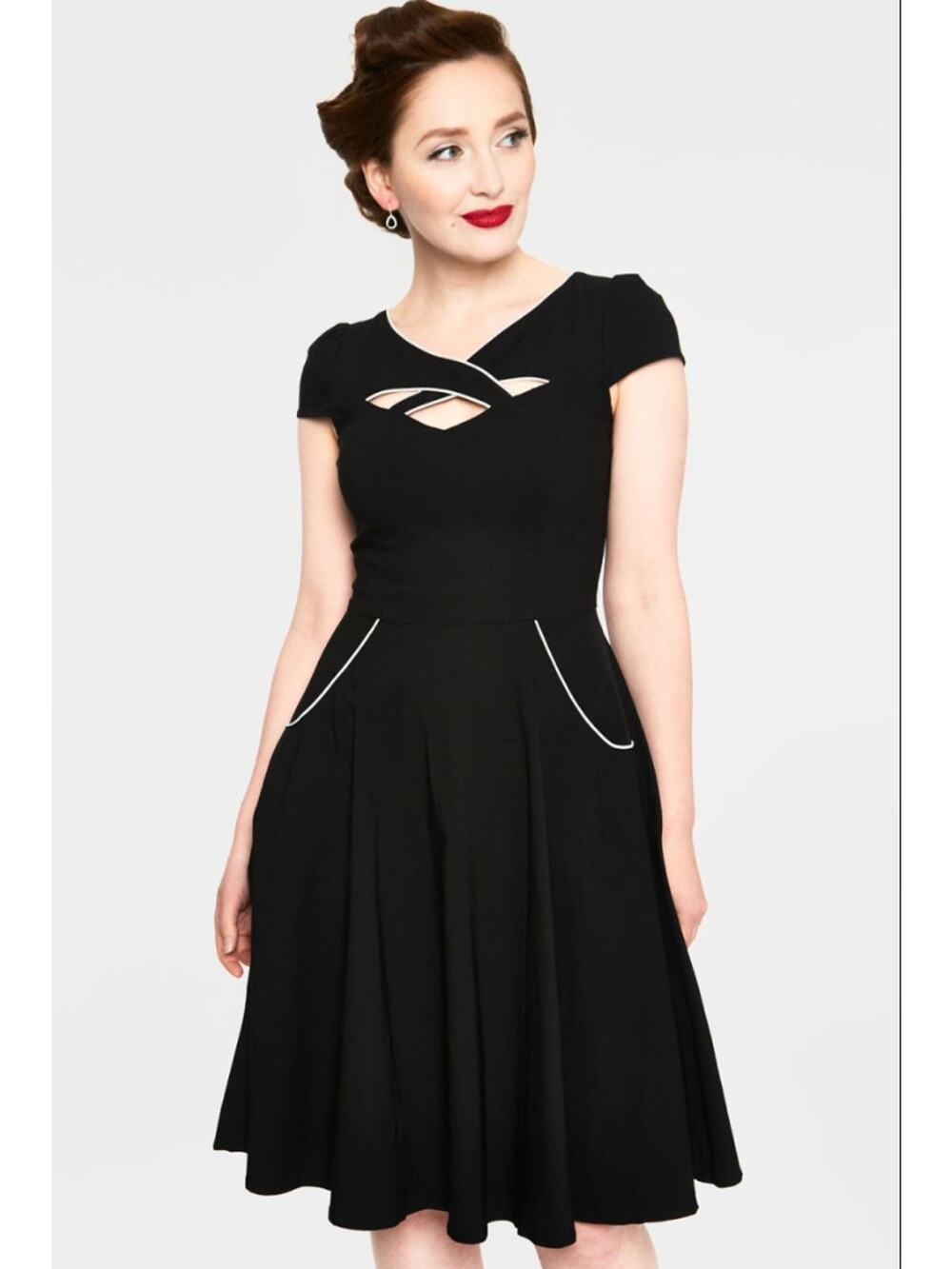 VOODOO VIXEN | Connie Black Piped Cutout Neck Retro Fit and Flare Dress | Small